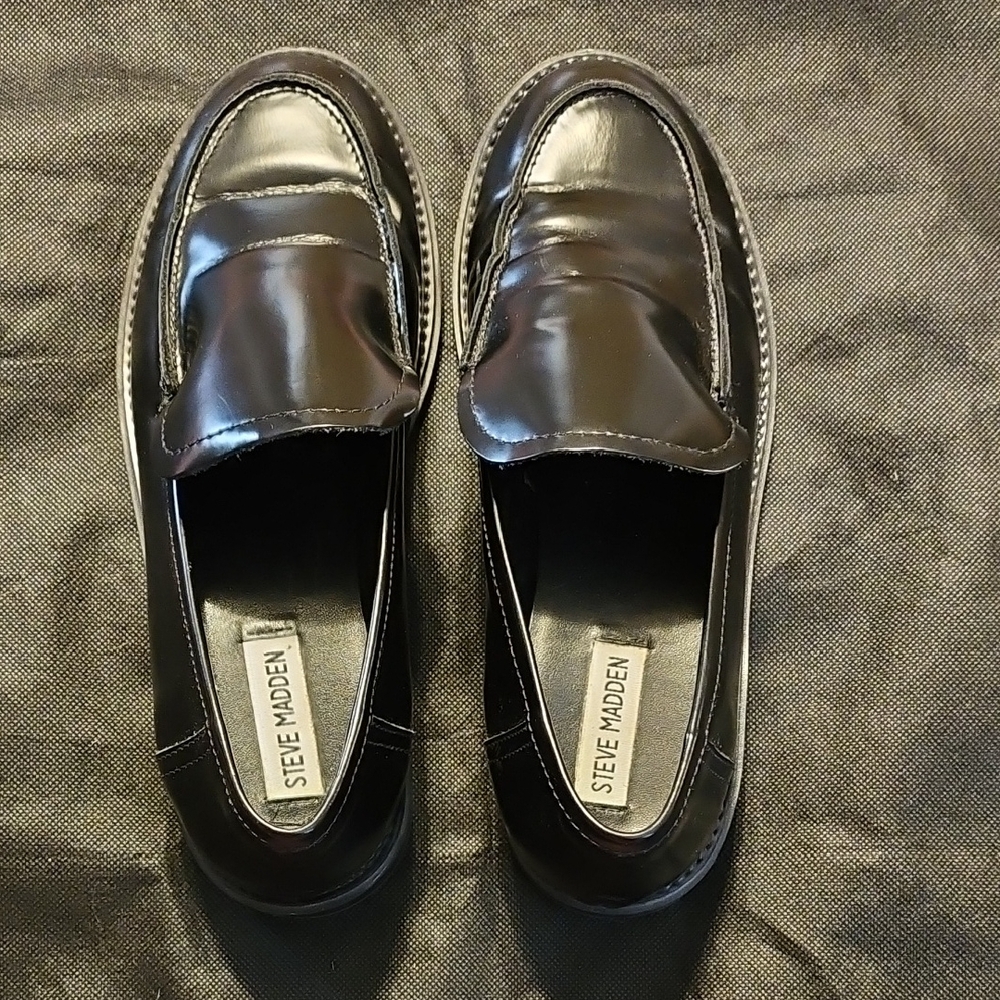 Steve Madden Black Slip-On Loafers, Glossy Leather